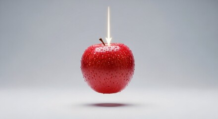 Conceptual art of gravity. A hyper-realistic red apple suspended mid-air with a golden arrow visualizing the invisible force. Minimalist physics concept on a clean background.