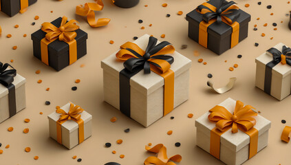 Festive gift boxes with orange and black ribbons and confetti scattered around