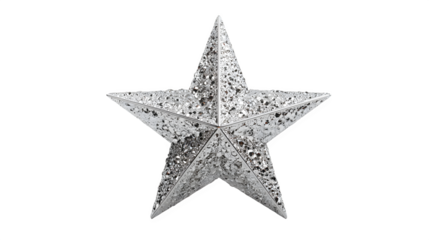 A hyper-realistic 3D render of a sparkling silver star ornament, covered in tiny facets. Geometric, high-shine, isolated on white background.