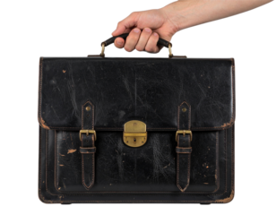 Male Hand Carrying Retro Black Briefcase with Brass Locks