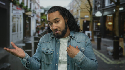 Fototapeta premium Man in denim jacket with hands adjusting collar and shrugging gesture on a city street; indifference casual attitude.