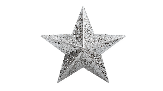 A hyper-realistic 3D render of a sparkling silver star ornament, covered in tiny facets. Geometric, high-shine, isolated on white background.