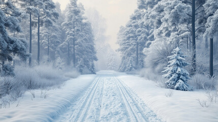 Fototapeta premium Winter landscape with snow-covered path through the forest 