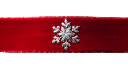 A hyper-realistic close-up of a red velvet ribbon, with a single, perfect snowflake embroidered in silver thread. Couture-level detail, isolated on white background.