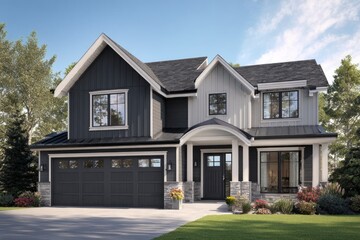 Obraz premium Modern luxury house with dark gray siding and white trim.