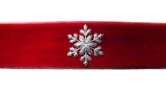 A hyper-realistic close-up of a red velvet ribbon, with a single, perfect snowflake embroidered in silver thread. Couture-level detail, isolated on white background. - Powered by Adobe