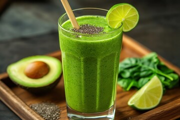 Fototapeta premium Green smoothie in tall glass with chia seeds and lime slice on rim, placed on wooden tray with avocado, lime wedges, and spinach leaves, evoking freshness and health