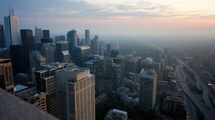 Fototapeta premium A panoramic view of the cityscape with skyscrapers at sunset or twilight. City lights and dense development.