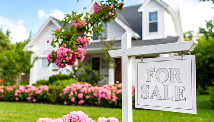 green vegetation, pink flowers in bloom, a white wooden sign that reads "for sale," and a residential