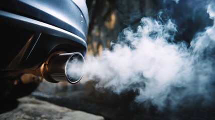 Крупный план выхлопной трубы автомобиля, из которой идет густой белый дым в холодную погоду. Загрязнение воздуха.