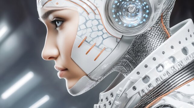 A close-up of a female android with a flawless face and futuristic elements. Concept of artificial intelligence and cybernetics. - Powered by Adobe