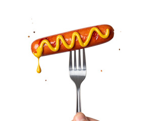  Male hand serving sausage on fork with mustard drip isolated on transparent background