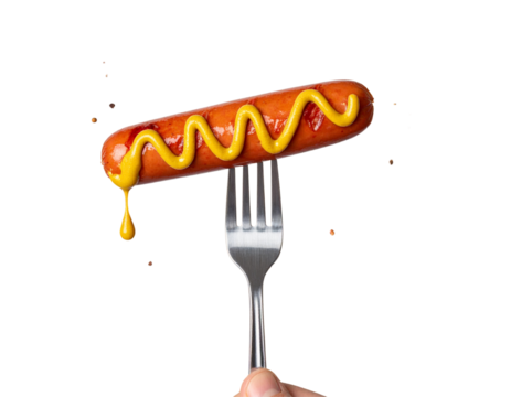  Male hand serving sausage on fork with mustard drip isolated on transparent background