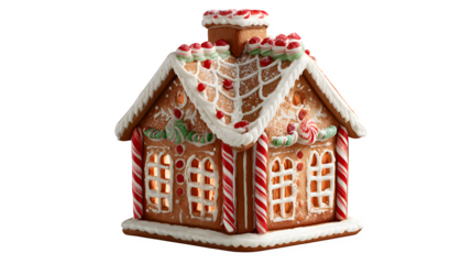 A hyper-realistic gingerbread house cookie, adorned with candy cane trim, gumdrop roof, and frosted windows. Detailed, delicious, isolated on white background.
