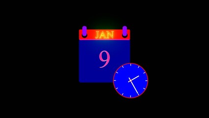 Glowing Calendar icon. January 9 icon illustration isolated vector sign symbol. Date and time, day, month. 