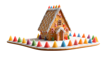 A hyper-realistic gingerbread house cookie, with a path made of tiny, colorful candy cones leading to the door. Whimsical and delicious, isolated on white background.