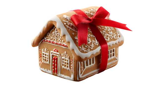A hyper-realistic gingerbread house cookie, with a perfect red ribbon tied around it like a gift. Charming and intricate, isolated on white background.
