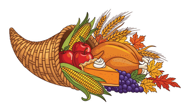 Thanksgiving Cornucopia Filled with Harvest Foods Vector Illustration