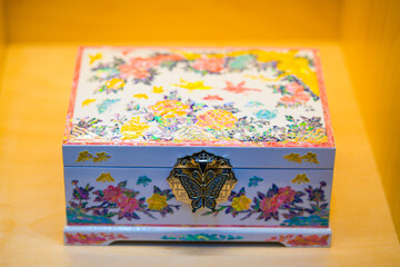 Traditional Korean wooden Jewerly box with a pattern. Colorful traditional case