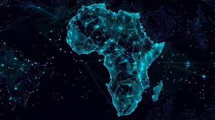 Digital illustration of africa on a map, showcasing blockchain networks and economic innovation.