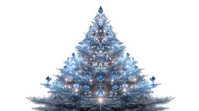 A hyper-realistic render of a perfect conical Christmas tree, symmetrical branches, sparkling with perfectly placed faceted crystal ornaments and laser-sharp 