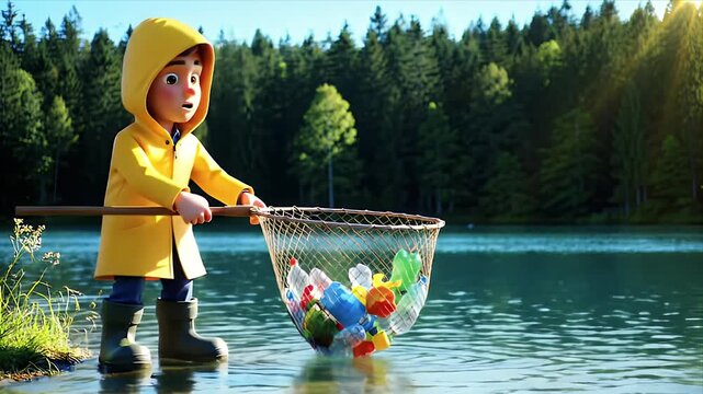 Animated boy in yellow raincoat collecting plastic bottles from a lake with a net illustrating environmental clean-up and water pollution awareness in a vibrant