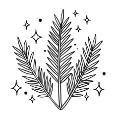 Pine branches with sparkles outline illustration, festive botanical element in black and white cartoon style
