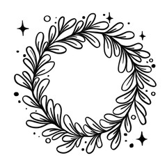 Elegant Christmas wreath with leaves and sparkles outline illustration, festive botanical design in black and white cartoon style
