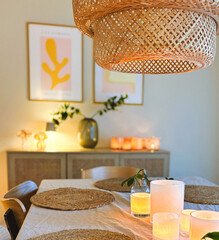 Cozy dining area with natural materials and Scandinavian interior design