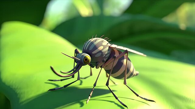 Vibrant Animated Mosquito on Green Leaf - Detailed 3D Render of a Striped Insect in a Lush Tropical Nature Scene Macro Close-up CGI Animation