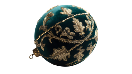A luxurious velvet ornament in deep emerald green, with delicate gold embroidery, catching soft side light. Rich texture, elegant, isolated on white background.