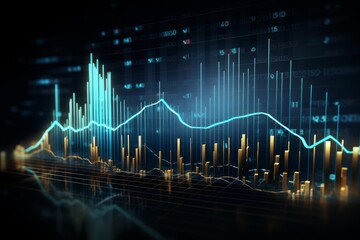Financial chart displaying market trends, analysis, and investment performance with glowing lines and bars