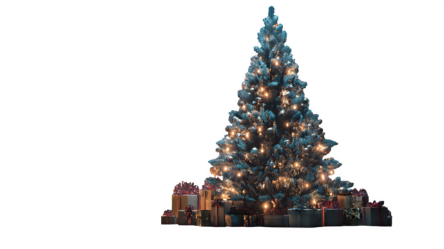 A majestic Christmas tree decorated with gifts, bathed in a soft, warm light from an unseen fireplace. Artistic and enchanting, isolated in a clean setting.