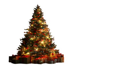 A majestic Christmas tree decorated with gifts, bathed in a soft, warm light from an unseen fireplace. Artistic and enchanting, isolated in a clean setting.