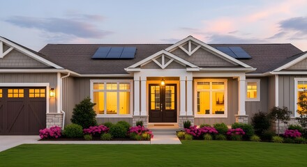 Beautiful modern suburban home exterior view at twilight with solar panels and manicured landscaping