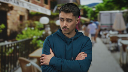 Young man with folded arms standing on an outdoor terrace, wearing a blue sweatshirt, surrounded by...