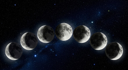 Phases of the moon showing varying illumination on circular celestial body, illustrating astronomical phenomenon and space science