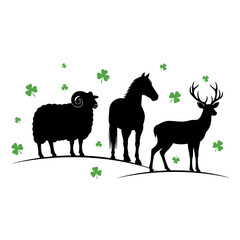 Fototapeta premium Silhouettes of sheep horse and deer with green shamrocks symbolizing Irish nature for St. Patrick’s Day