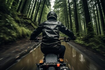 Obraz premium Motorcyclist wearing helmet and black jacket riding fast on wet road in the forest after rain