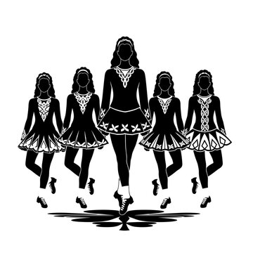 Group of Irish step dancers performing traditional dance in ornate dresses for St. Patrick&rsquo;s Day celebration, silhouette on a transparent background