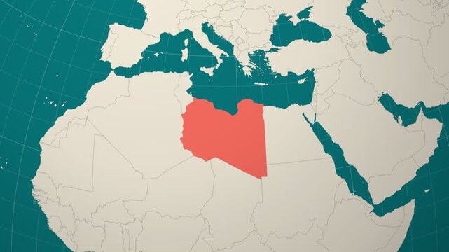 Libya map. Animated zoom into the country on the Globe in Teal Pale Mint color palette. Country logo animation. Map with meridians, parallels. Classic video.