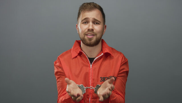 Man in orange prisoner jumpsuit with visible handcuffs and hands held forward in gray studio; pleading remorse.