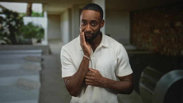 Man with hand on chest speaking in spa pool building indoor area wearing white shirt and necklace; sincerity.