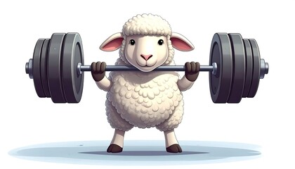 Cartoon sheep lifting barbell, looking determined, with a white background