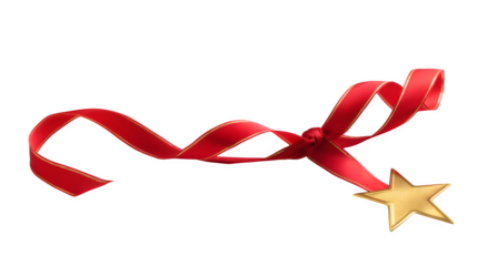 A photorealistic red ribbon, tied in a simple, elegant knot, with a single golden star attached to one tail. Clean and classic, studio lighting, isolated on white background.