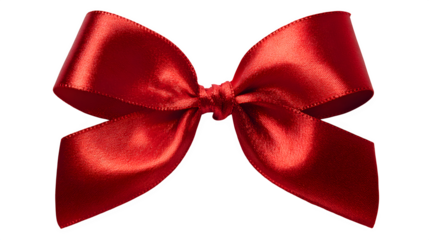 A photorealistic red ribbon, tied in a neat, symmetrical bow, reflecting soft studio lights. Clean and classic, isolated on white background.