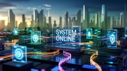 Futuristic cityscape with digital network and system online display video - Powered by Adobe