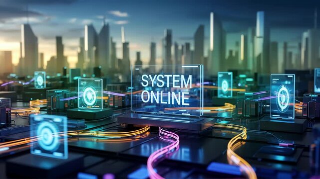 Futuristic cityscape with digital network and system online display video - Powered by Adobe