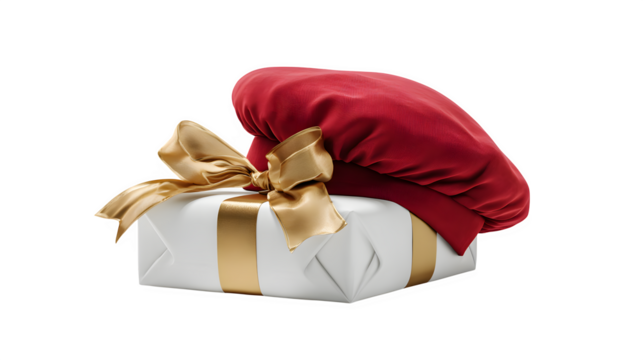 A photorealistic red Christ cap, resting gently on a single, large, beautifully wrapped white gift with a gold bow. Luxurious and festive still life, isolated on white background. - Powered by Adobe