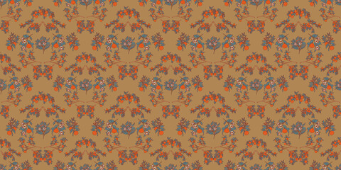 Beautiful boho garden horizontal mustard brown wallpaper. Citrus trees pattern. Orange fruit illustration. Floral blooming orchard.